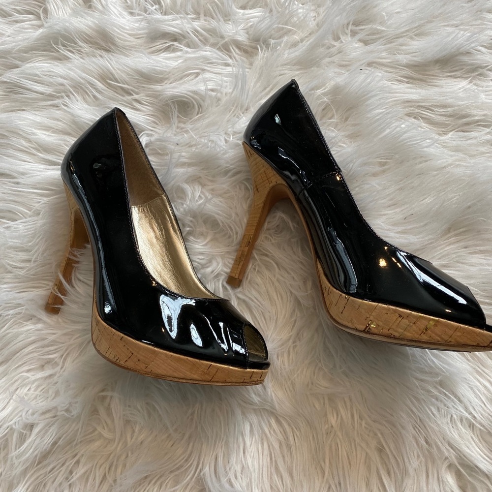 Patent leather, peep toe, cork platform heels